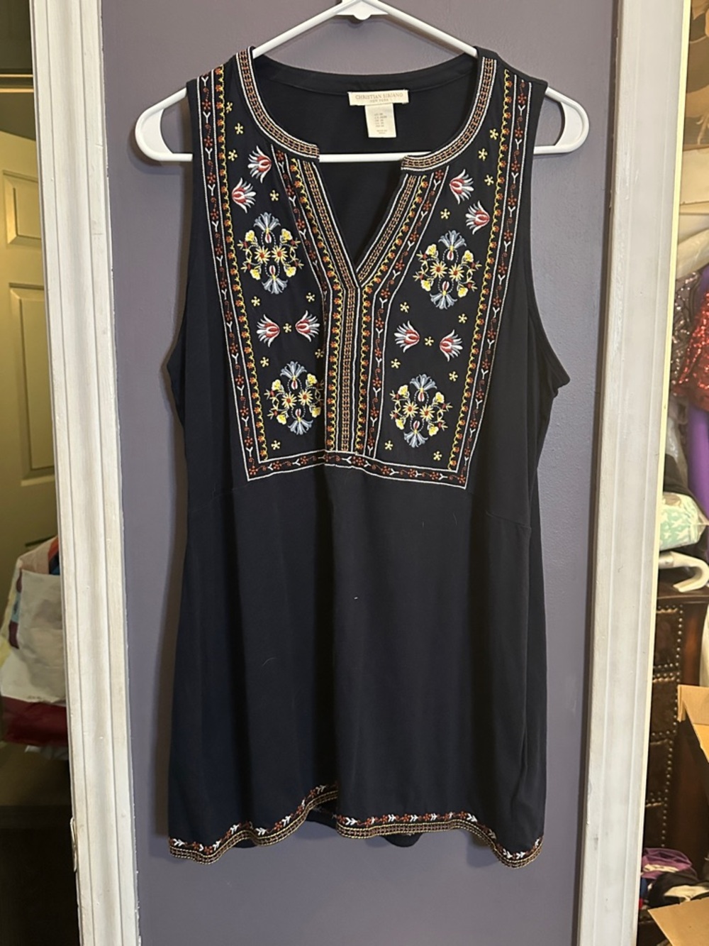 Christian Siriano Black Sleeveless Tank with Colorful Embroidered Yoke